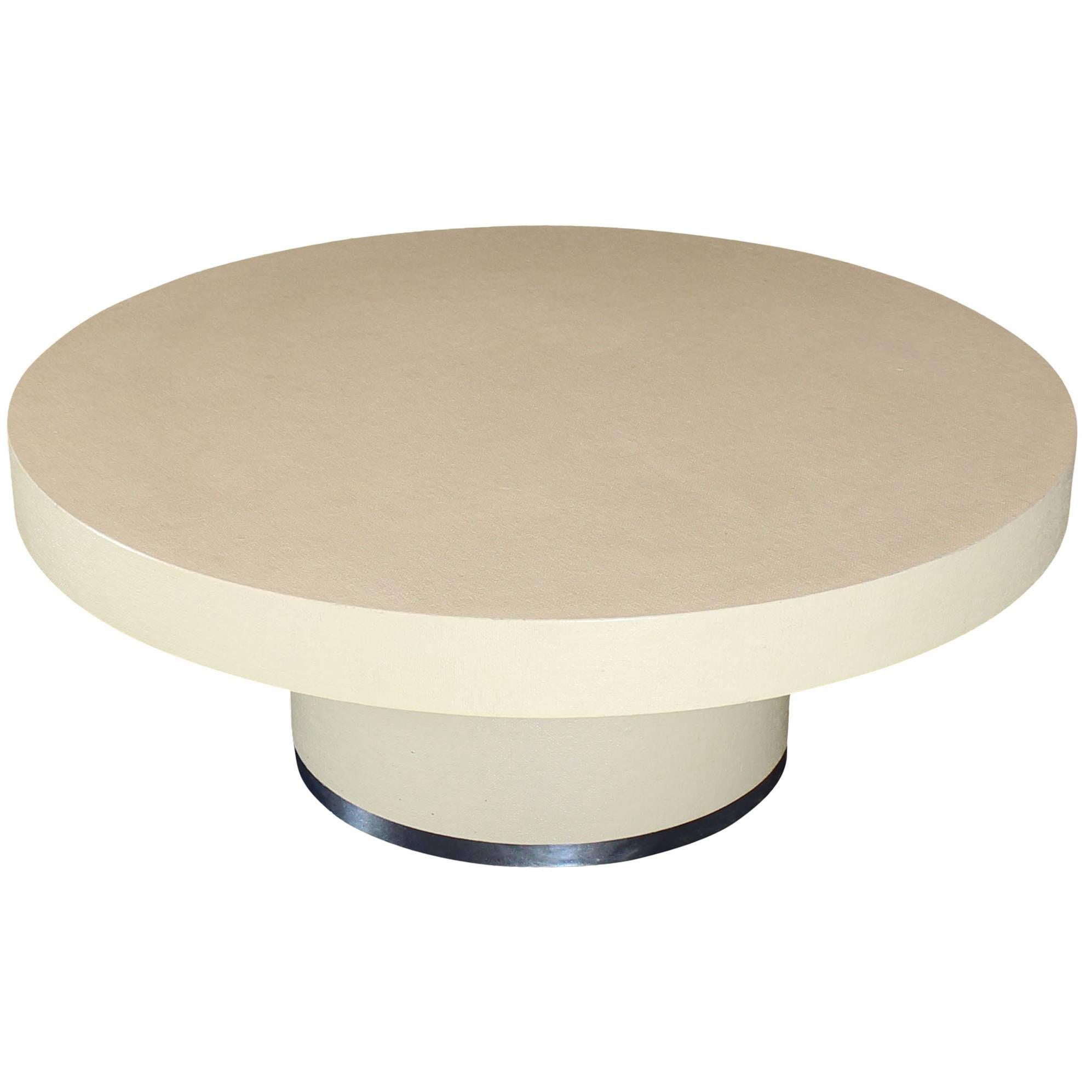 Round Lacquered Beige to White Cloth Raffia Coffee Table