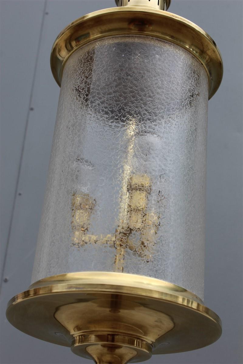 Round lantern midcentury Italian design brass gold glass satin, 1950s.
3 light bulbs E14 max 40 watt each.