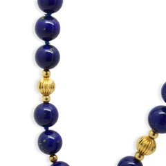 Round Lapis Bead Strand Necklace with 14K Yellow Gold Fluted Ball Stations 30.0"