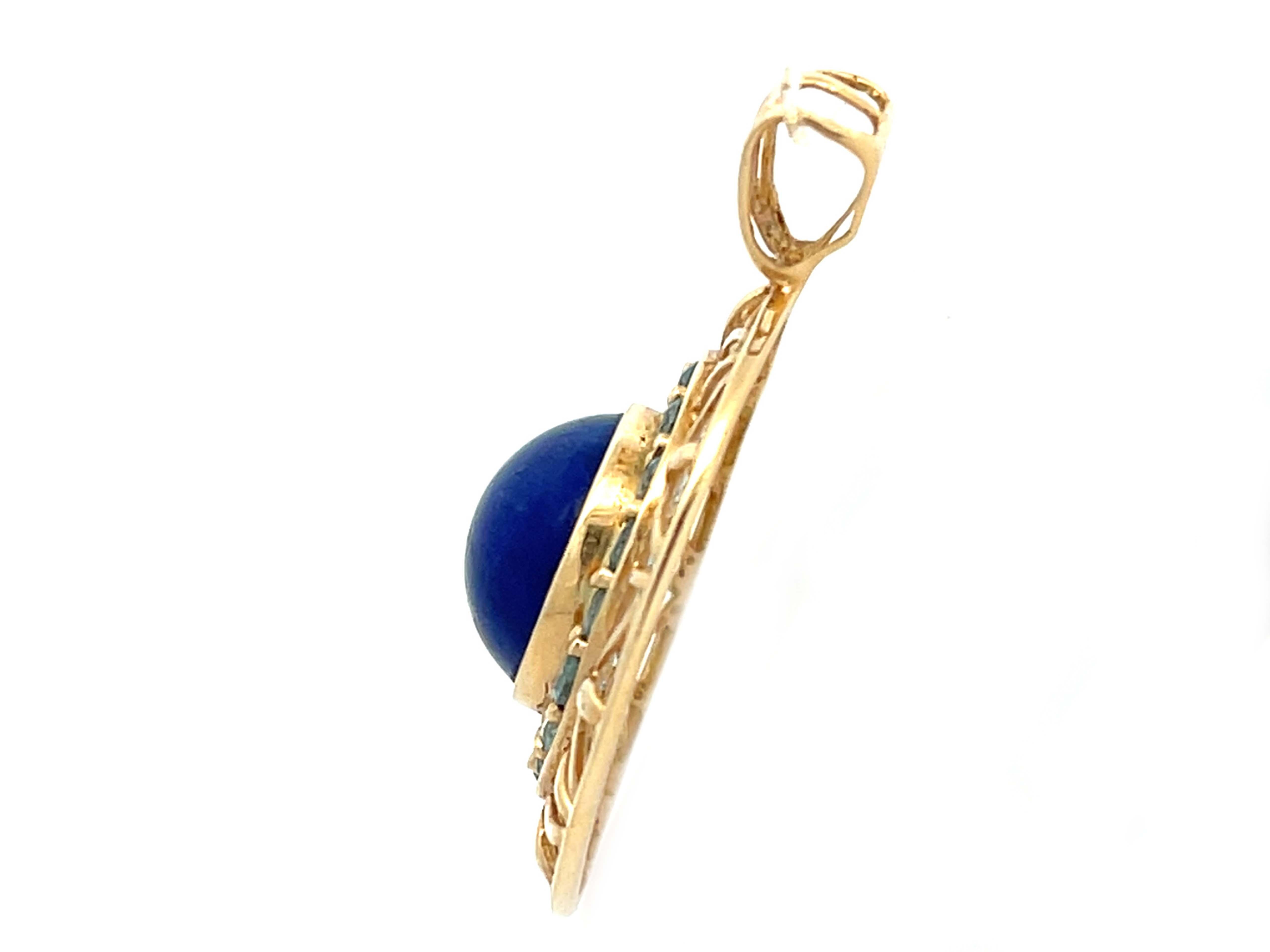 Round Lapis Lazuli and Aquamarine Halo Pendant 14k Yellow Gold In Excellent Condition For Sale In Honolulu, HI