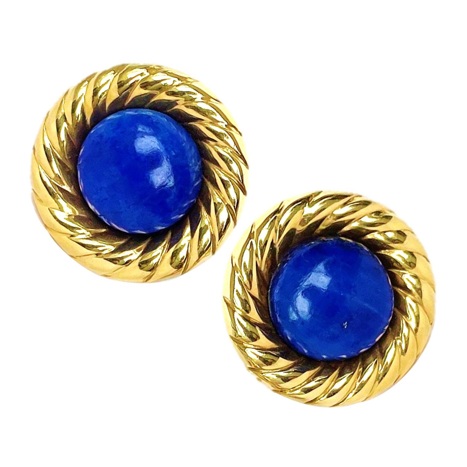Dangle Stud Earrings Blue Lapis Lazuli 14k Yellow Gold Fish Hook Gold Ball TPJ 