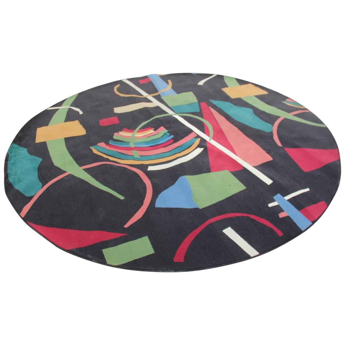 Round Large Carpet Diameter Black with Multicolored Italian Design, 1960
