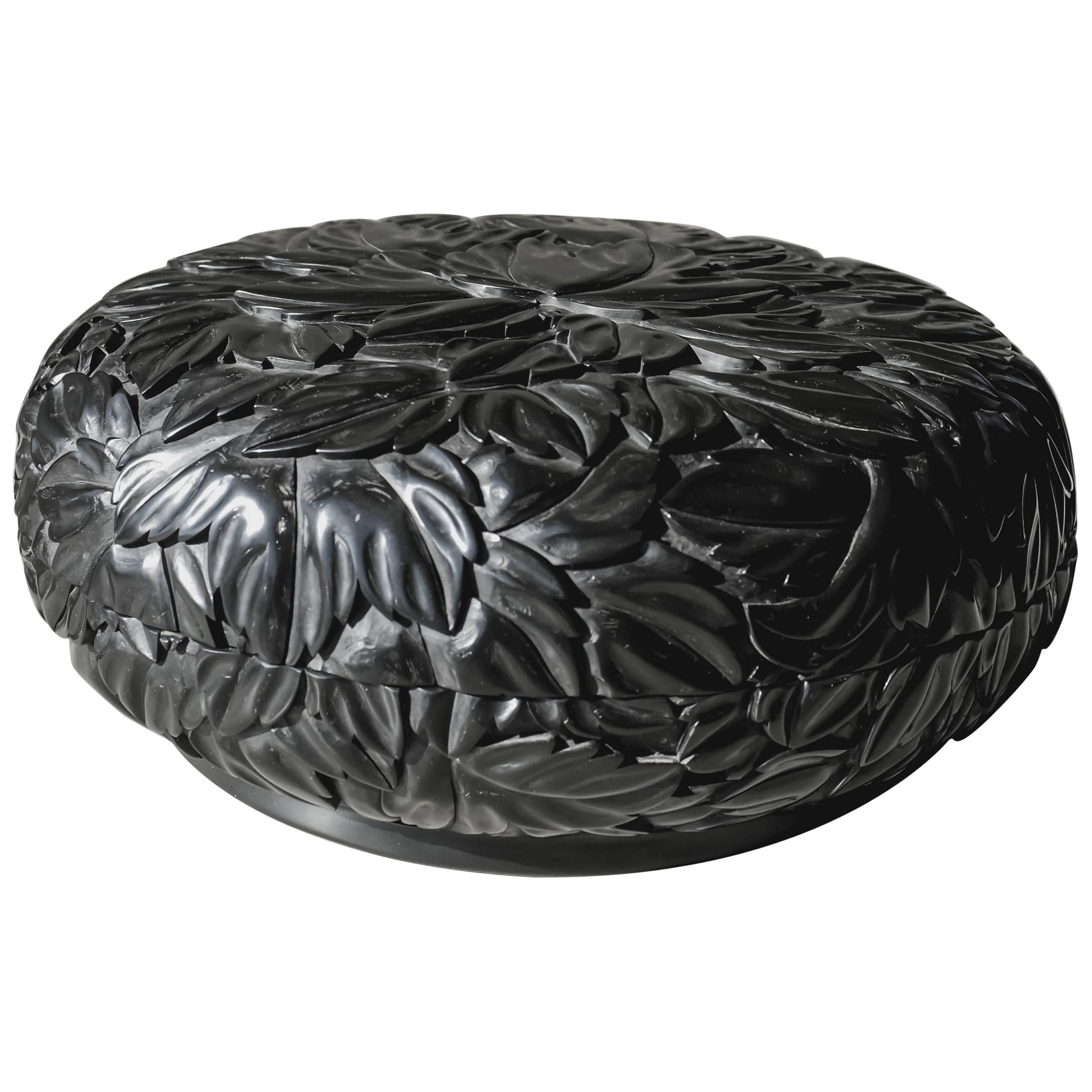Round Leaf Design Box, Black Lacquer by Robert Kuo, Limited Edition, in Stock