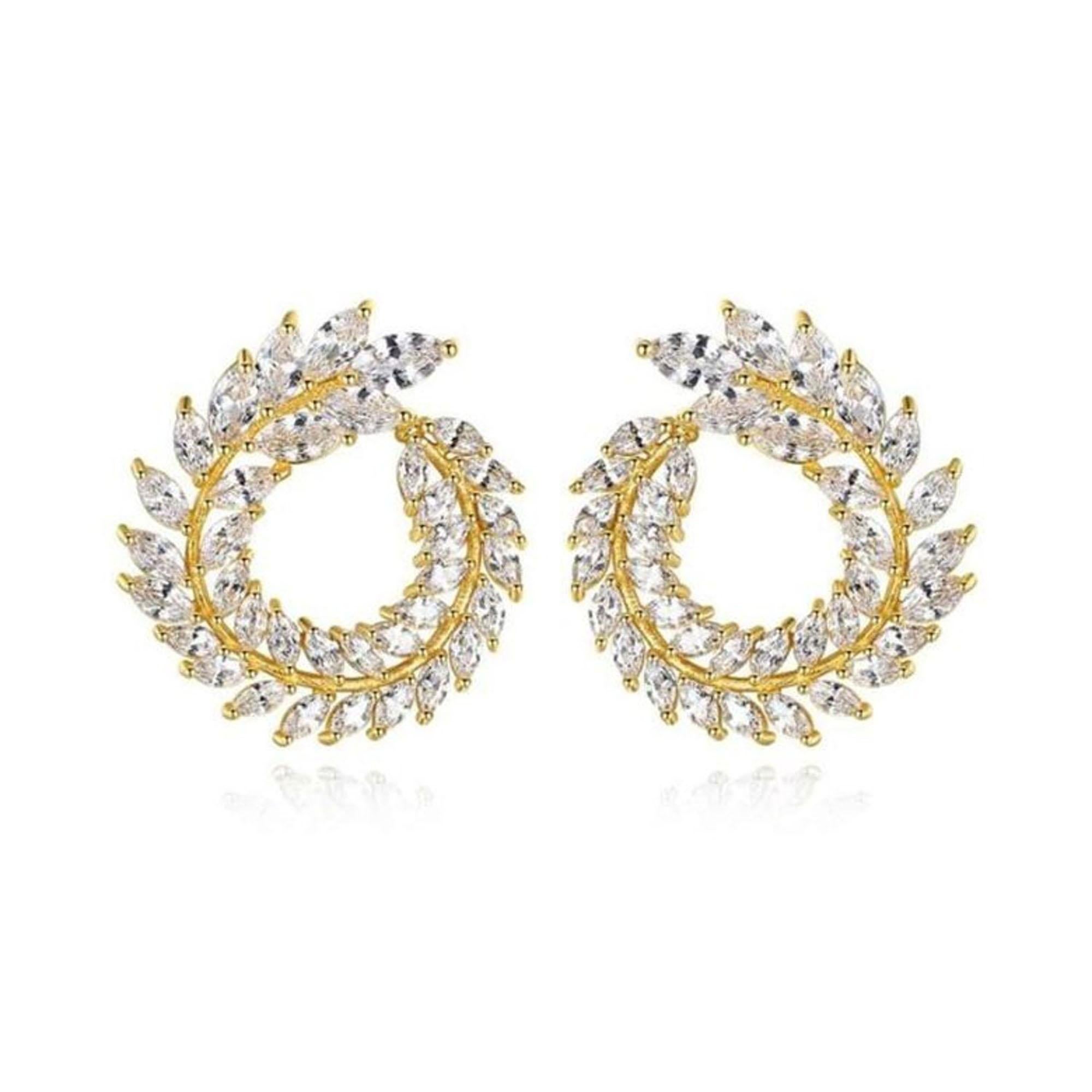 Boucles d'oreilles en or jaune 18K avec diamants ronds en forme de feuilles