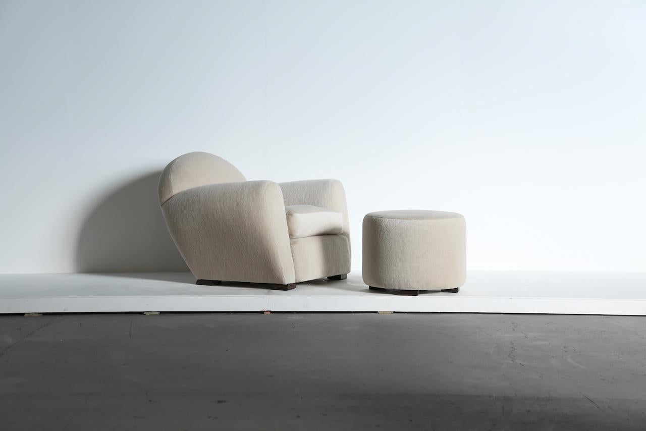 Art Deco Round Leaning Club Chair and Ottoman in Alpaca For Sale