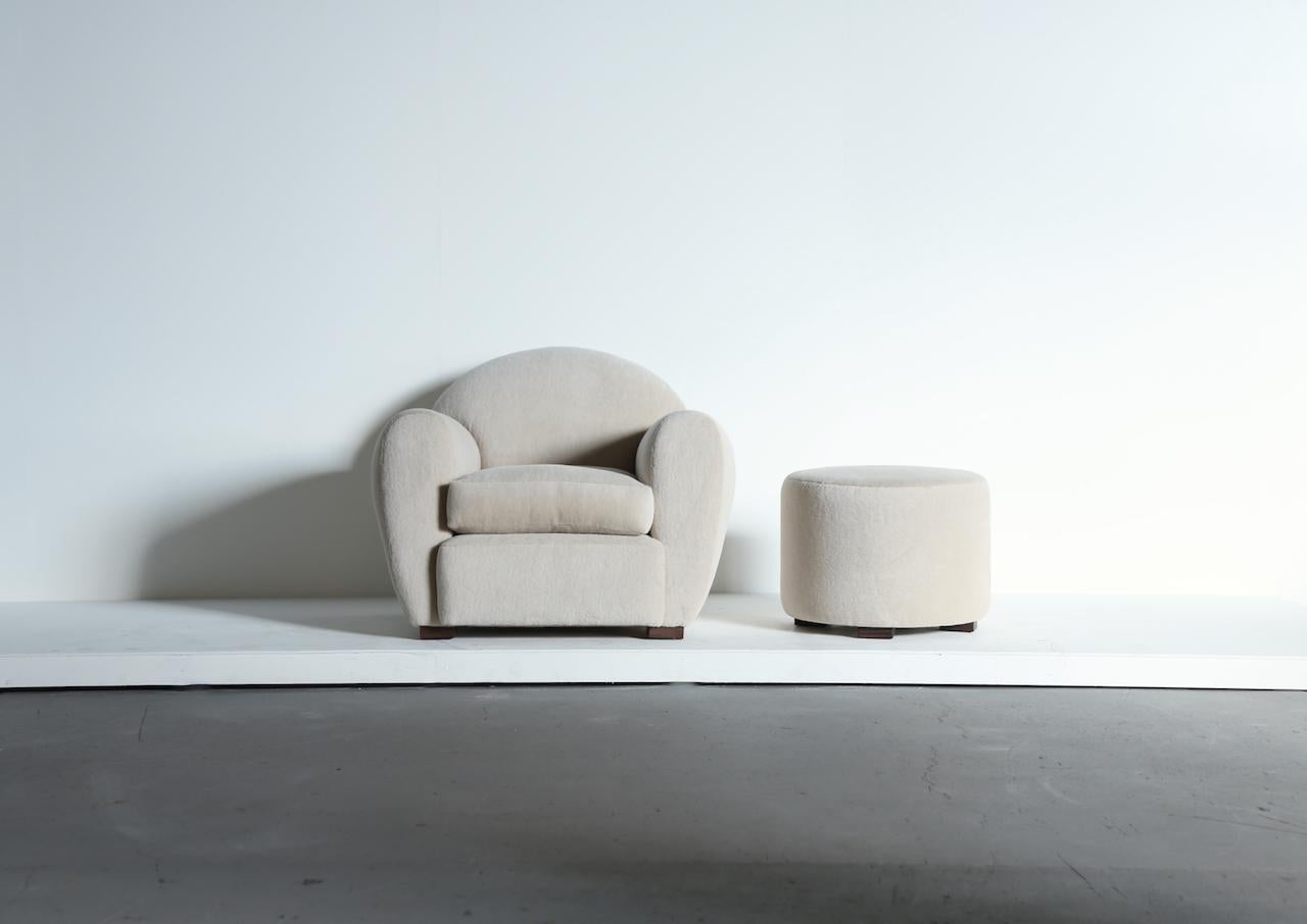 British Round Leaning Club Chair and Ottoman in Alpaca For Sale