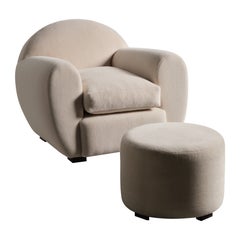 Round Leaning Club Chair and Ottoman in White Pure Alpaca