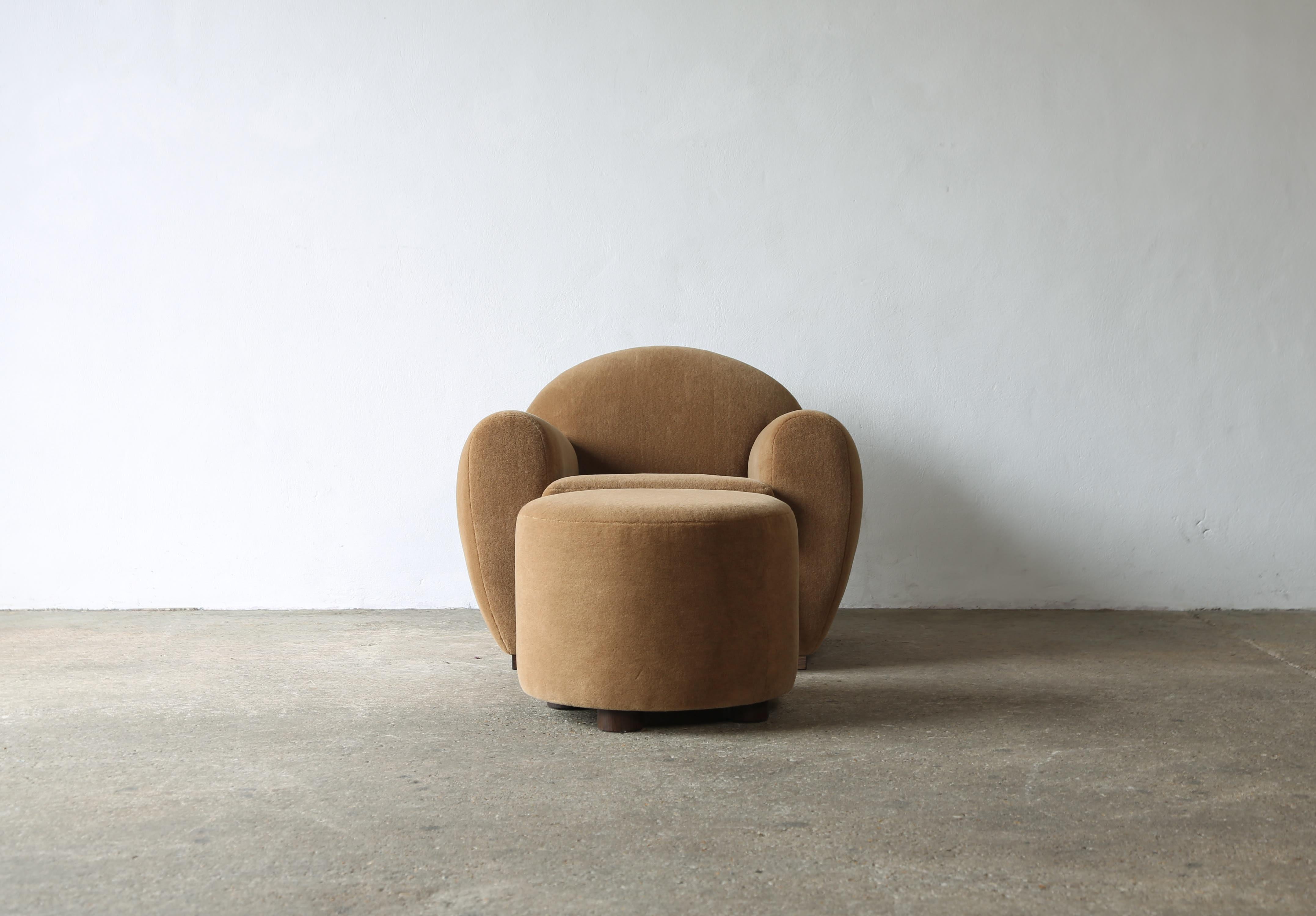 British Round Leaning Club Chair and Ottoman, Upholstered in Pure Alpaca For Sale