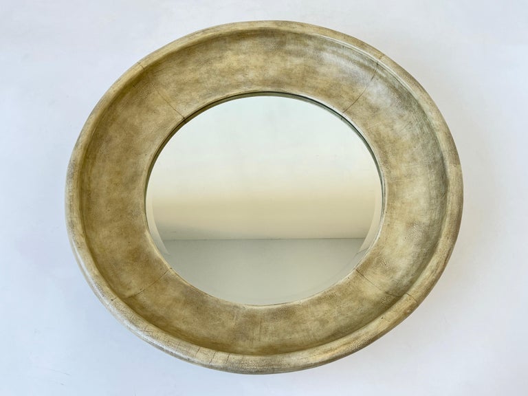 Round Leather Beveled Mirror by Maitland Smith For Sale 5