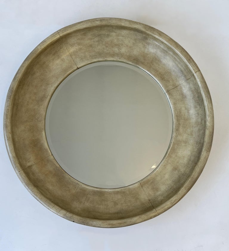 Round Leather Beveled Mirror by Maitland Smith For Sale 6