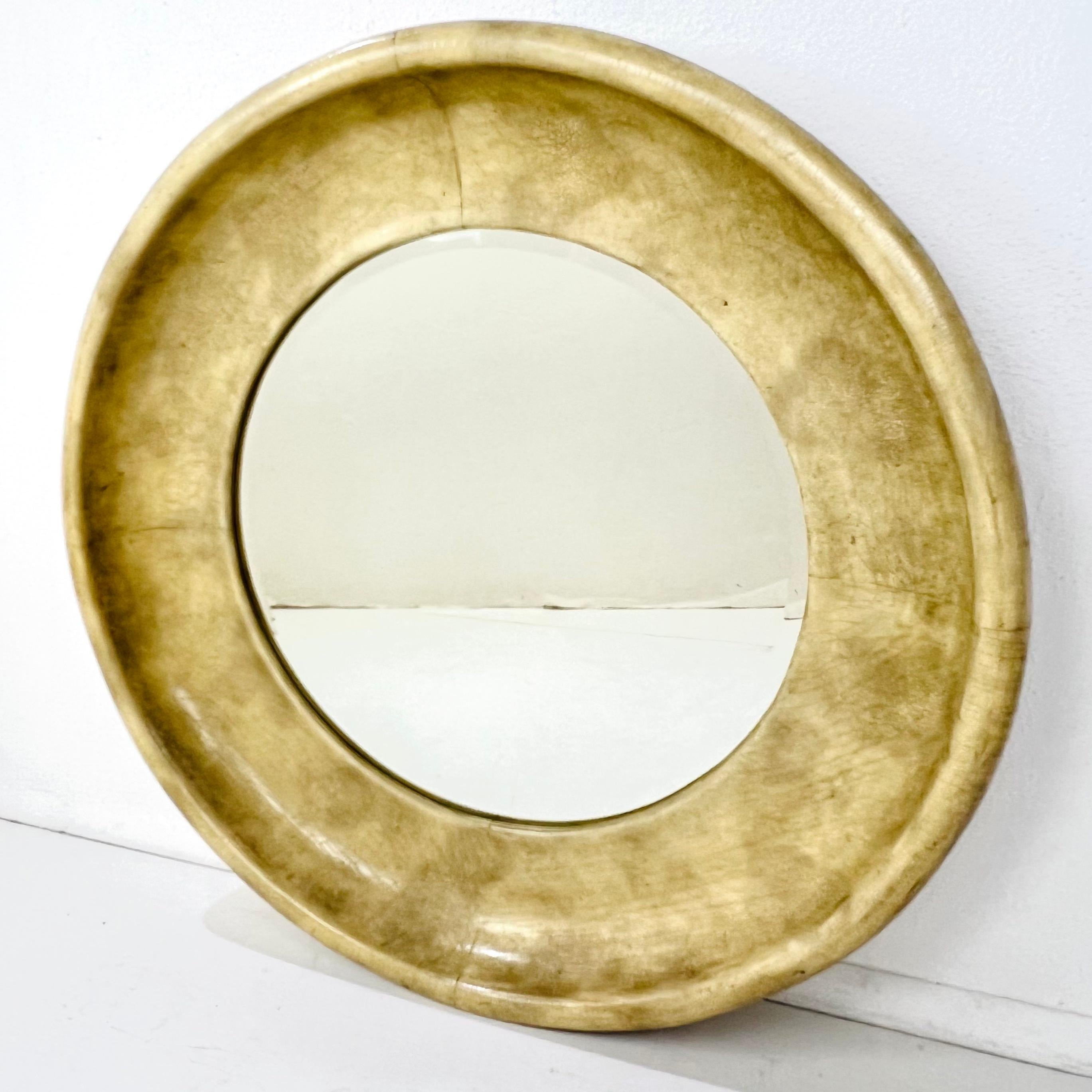 Modern Round Leather Beveled Mirror by Maitland Smith For Sale