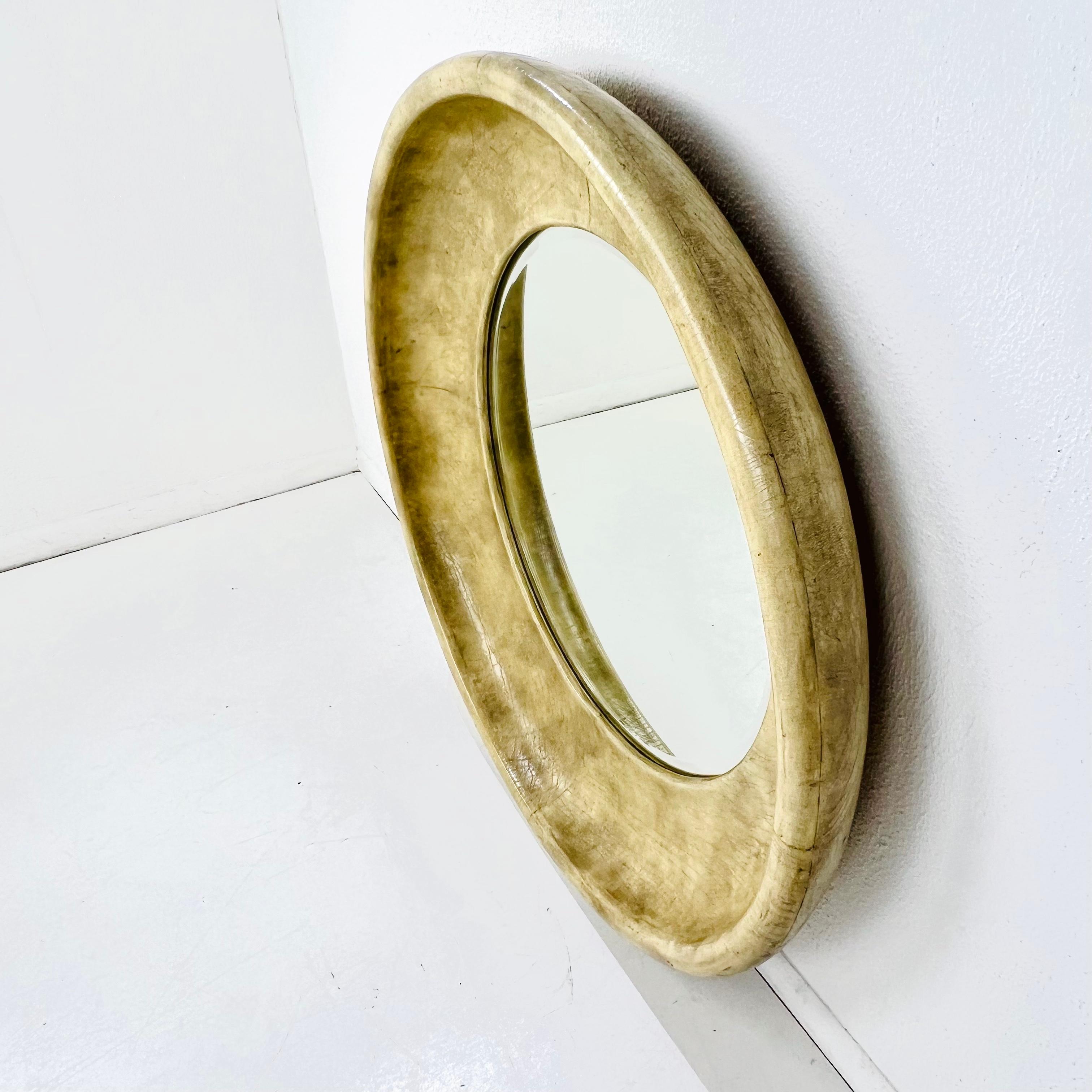 Round Leather Beveled Mirror by Maitland Smith In Good Condition For Sale In Dallas, TX