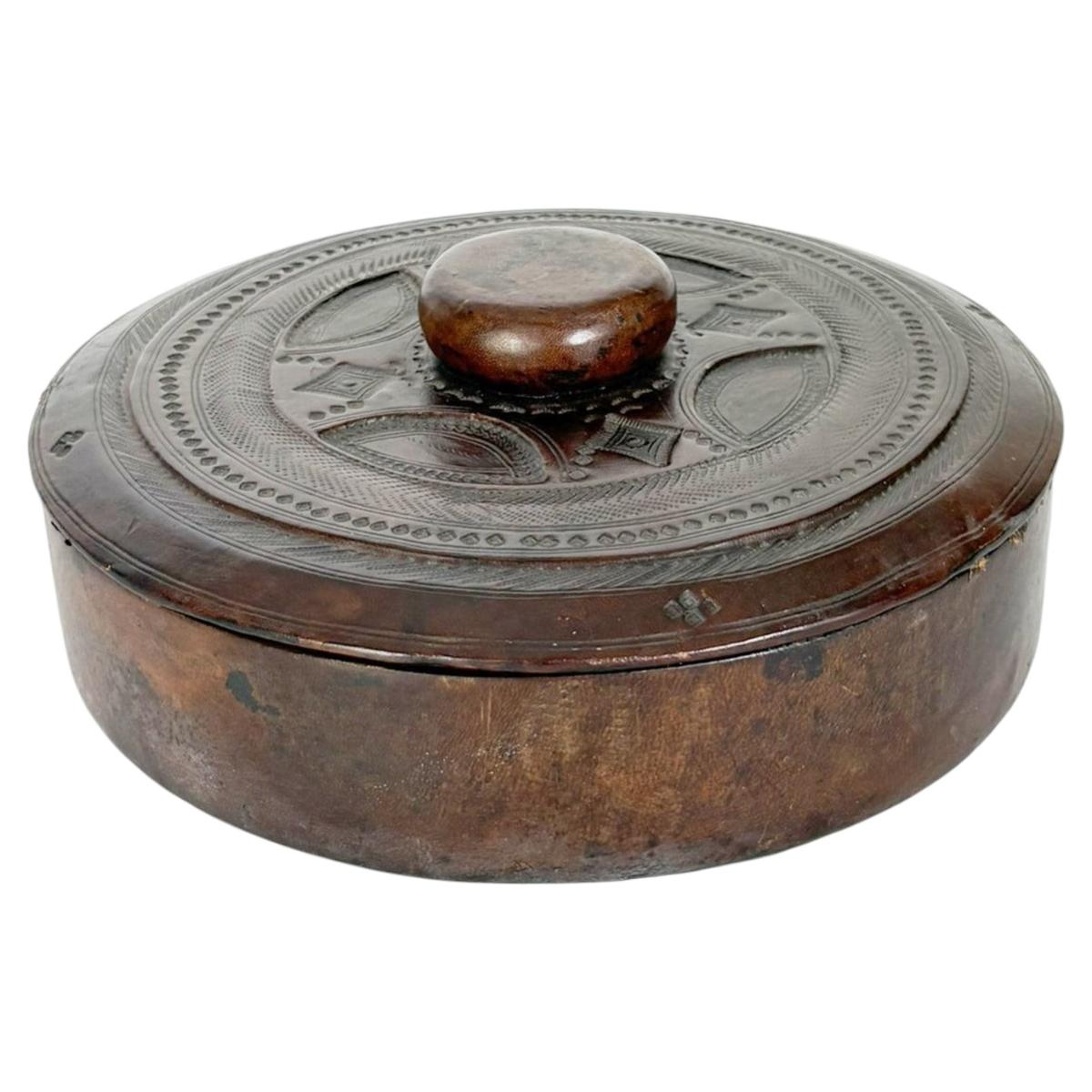 Round Leather Box, France, 1970s For Sale