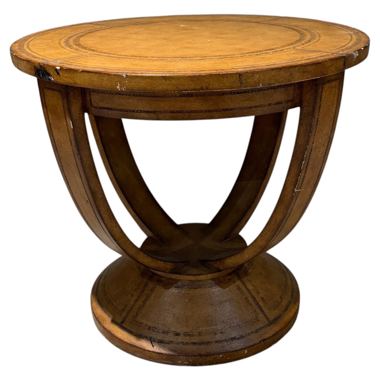 Round Leather Embossed Side Table Attributed Maitland Smith Art Deco Neoclassica For Sale
