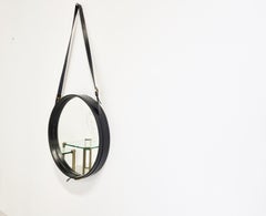 Round Leather Mirror by Jacques Adnet, 1950s