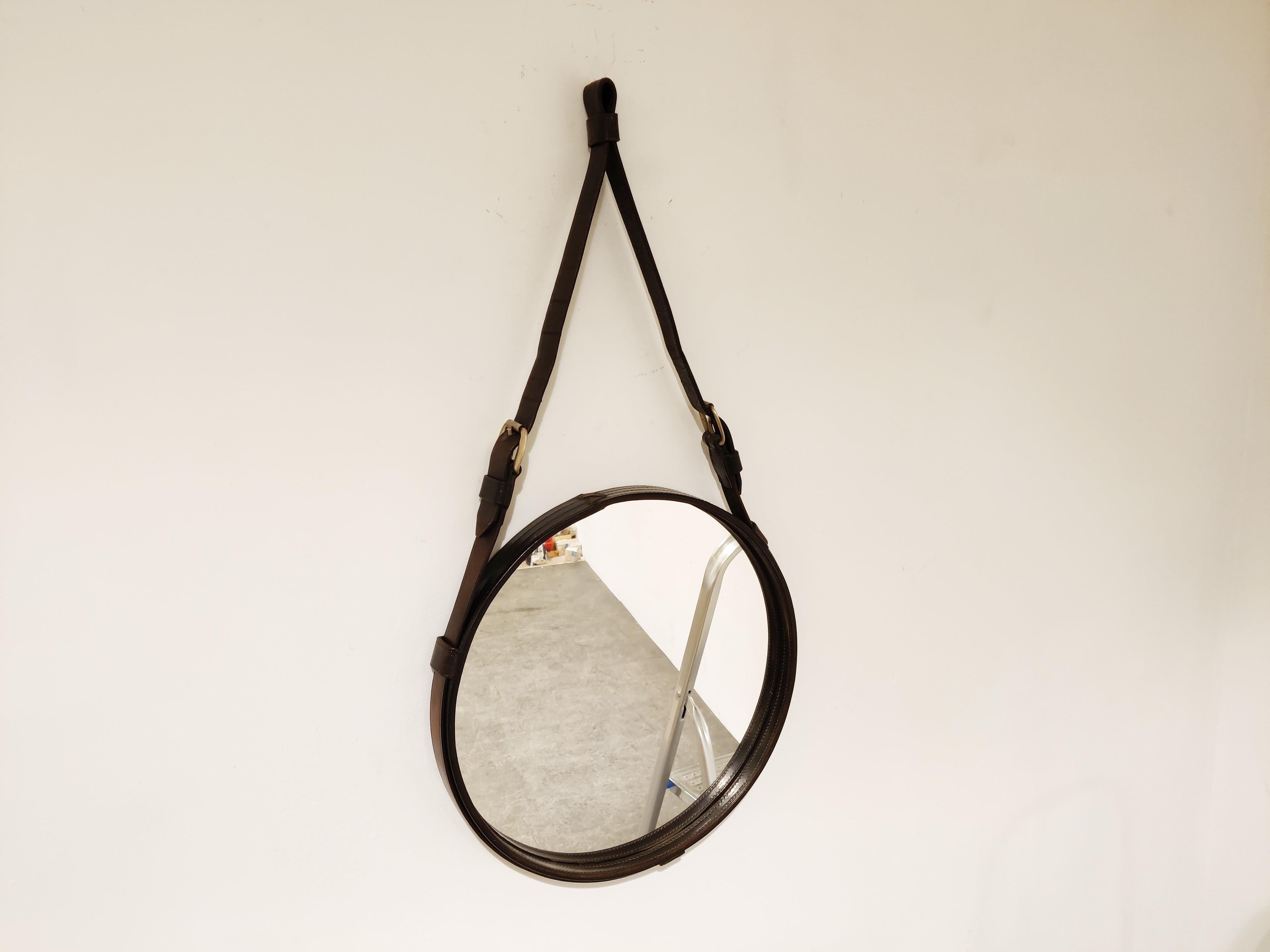 Round Leather Mirror by Jacques Adnet, 1950s In Good Condition In HEVERLEE, BE