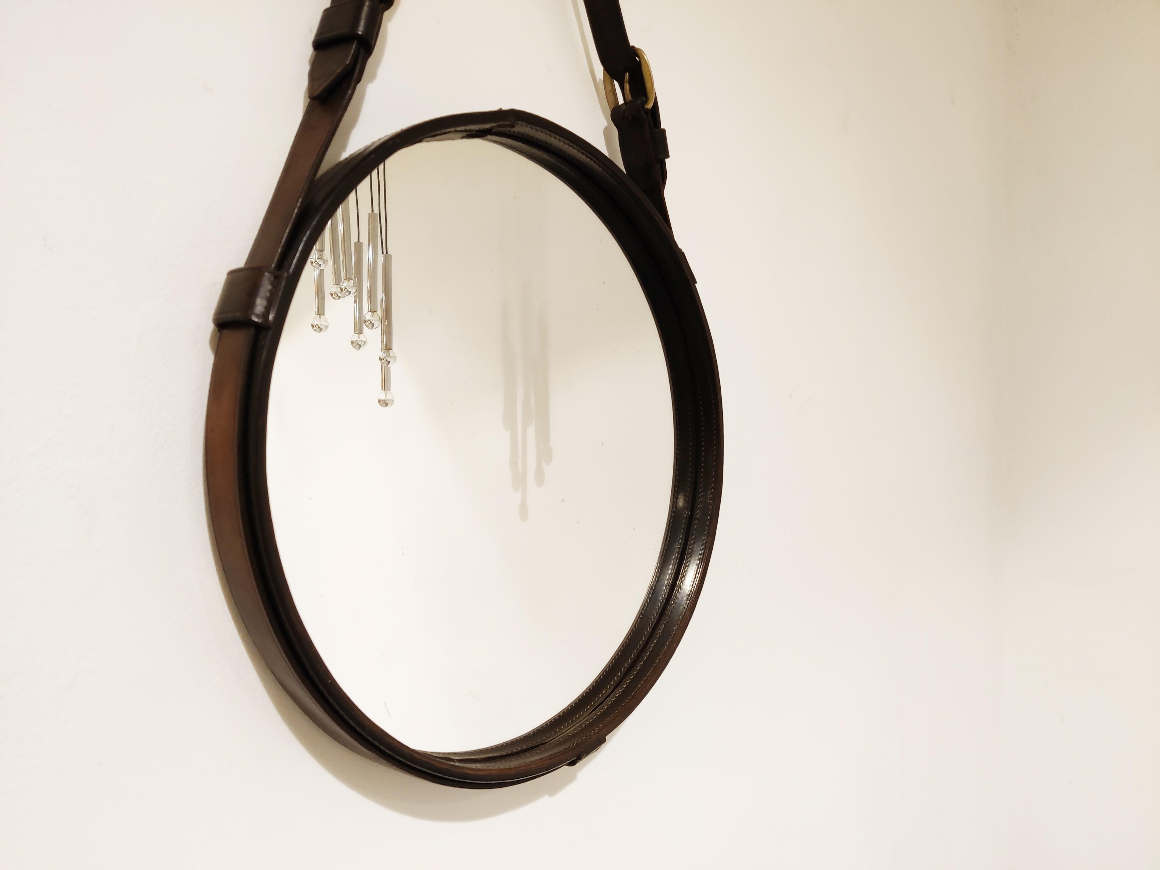 Mid-20th Century Round Leather Mirror by Jacques Adnet, 1950s