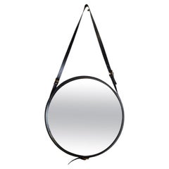 Round Leather Mirror by Jacques Adnet, 1950s
