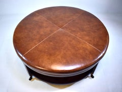 Round Leather Ottoman on Brass Casters