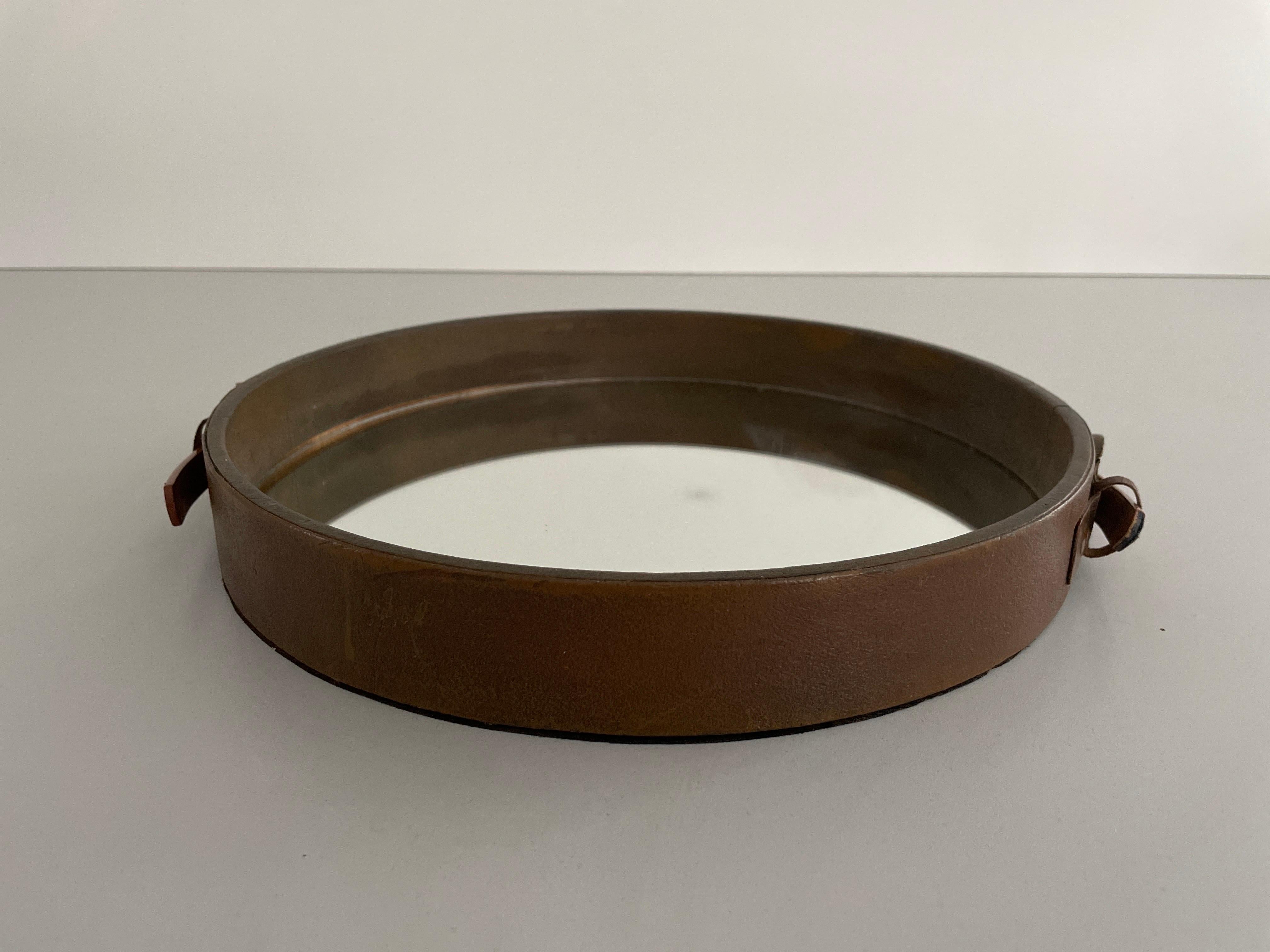Round Leather Wall Mirror with Leather Strap, 1960s, Italy For Sale 5