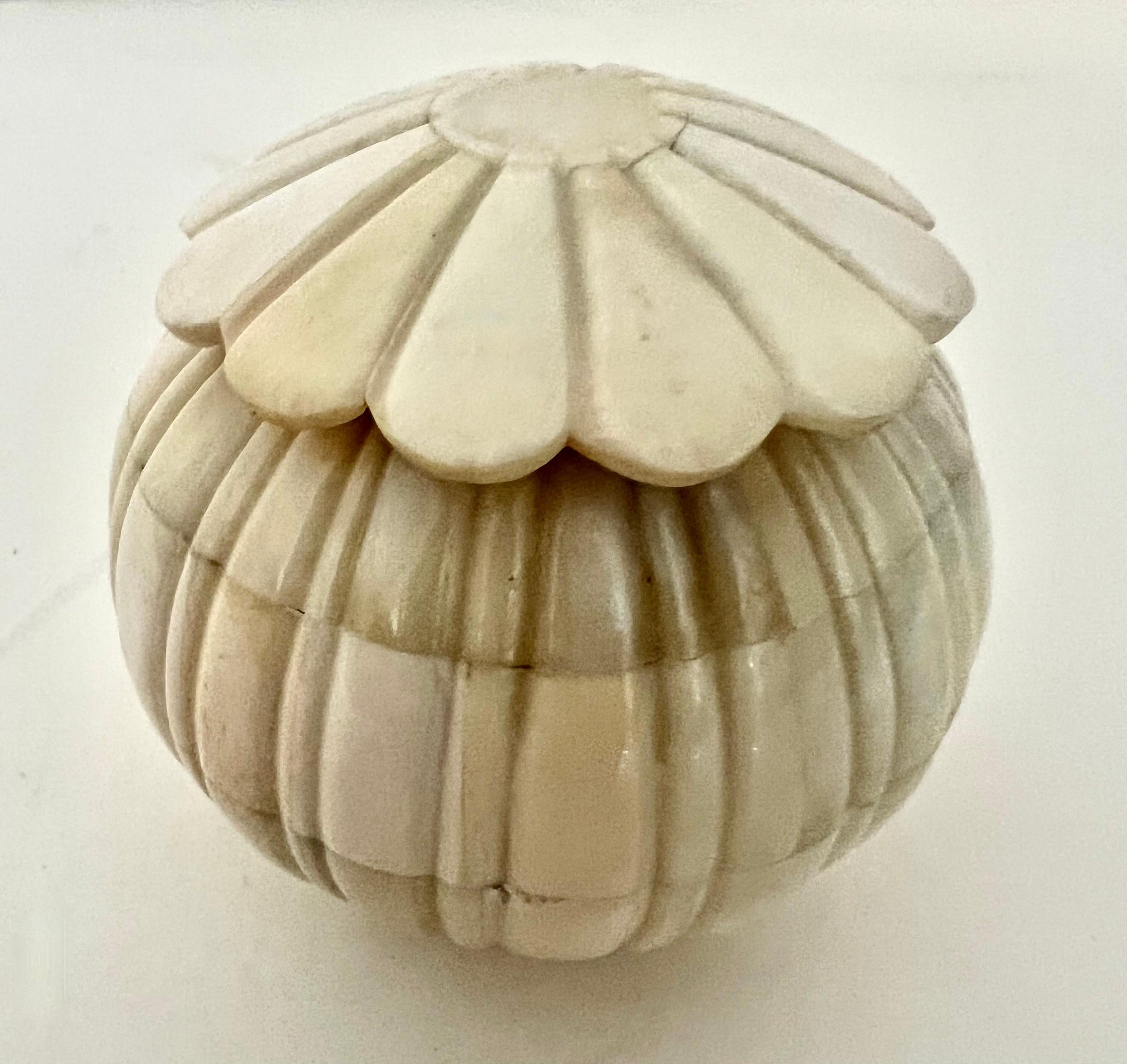 Hand-Carved Round Lidded Bone Box with Spherical Fruit Like Ridges
