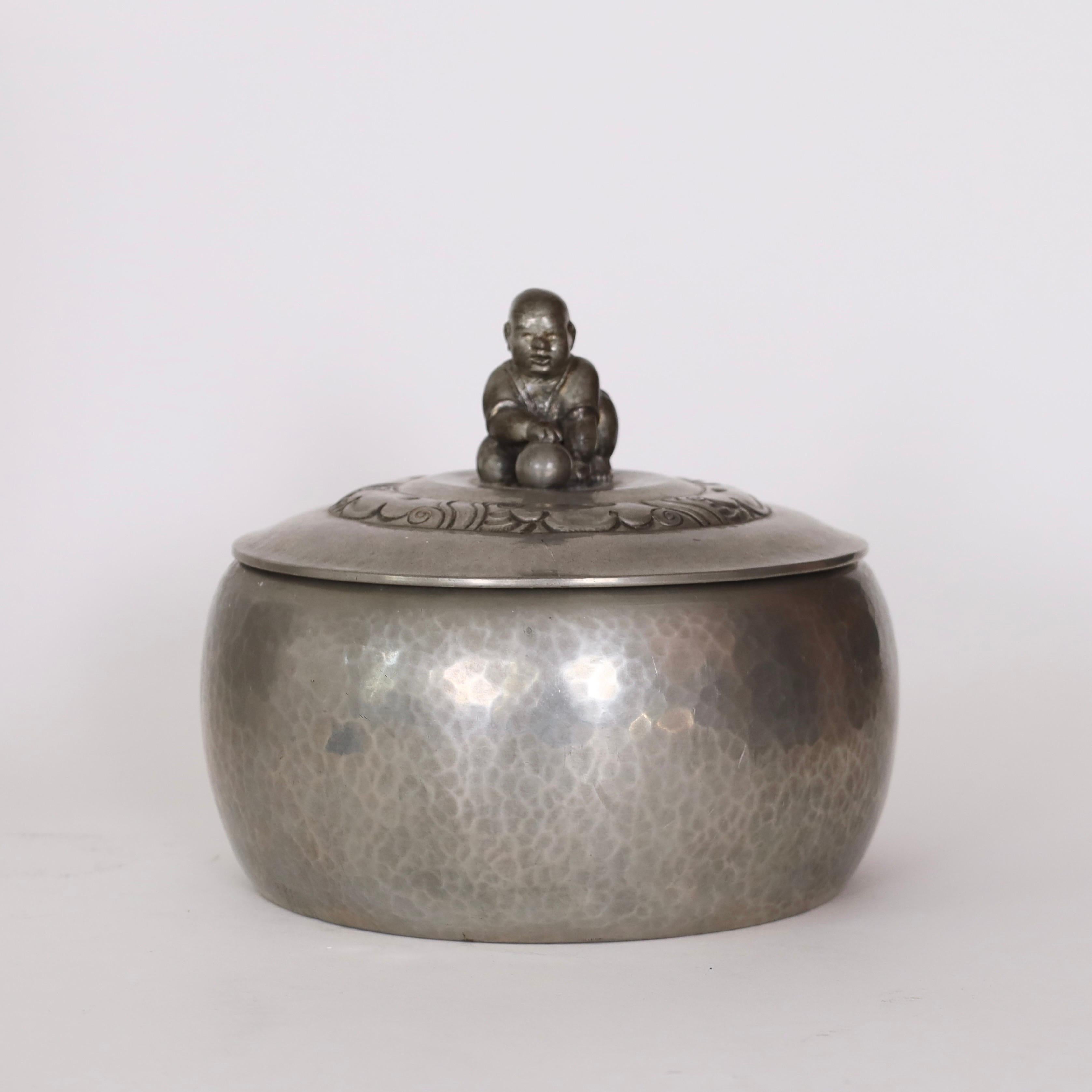 Hammered Round Lidded Pewter Box by Just Andersen, 1920s, Denmark For Sale
