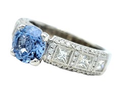 Round Light Blue Sapphire Solitaire Ring with Diamond Band 14 Karat White Gold