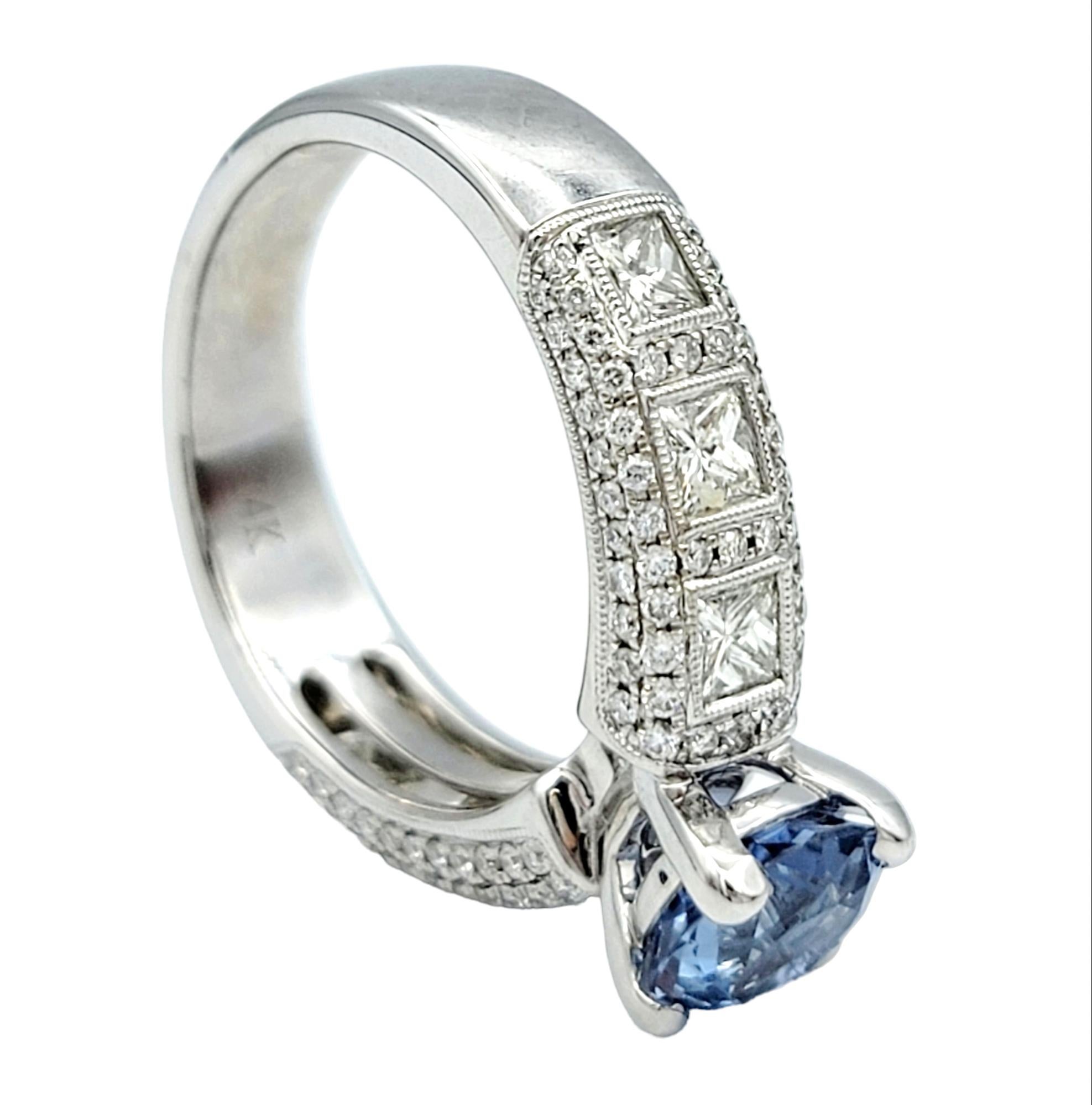 Round Cut Round Light Blue Sapphire Solitaire Ring with Diamond Band 14 Karat White Gold For Sale