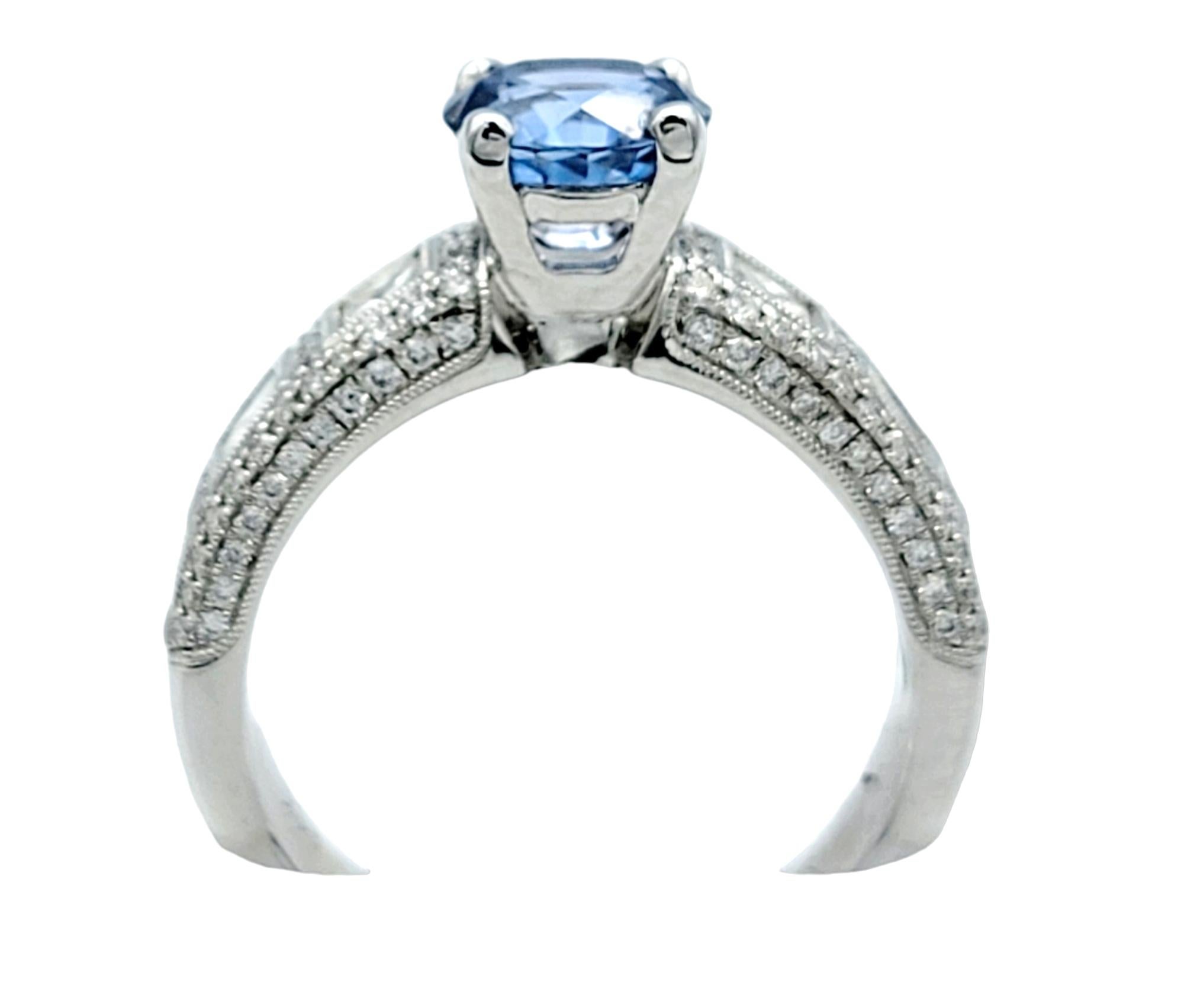 Women's Round Light Blue Sapphire Solitaire Ring with Diamond Band 14 Karat White Gold For Sale