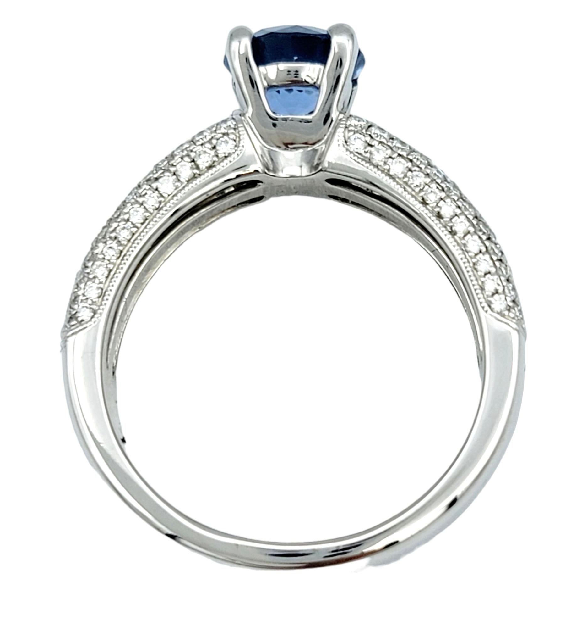 Round Light Blue Sapphire Solitaire Ring with Diamond Band 14 Karat White Gold For Sale 2