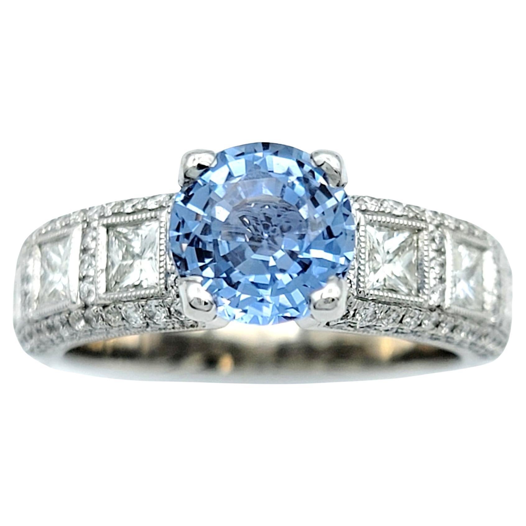 Round Light Blue Sapphire Solitaire Ring with Diamond Band 14 Karat White Gold For Sale