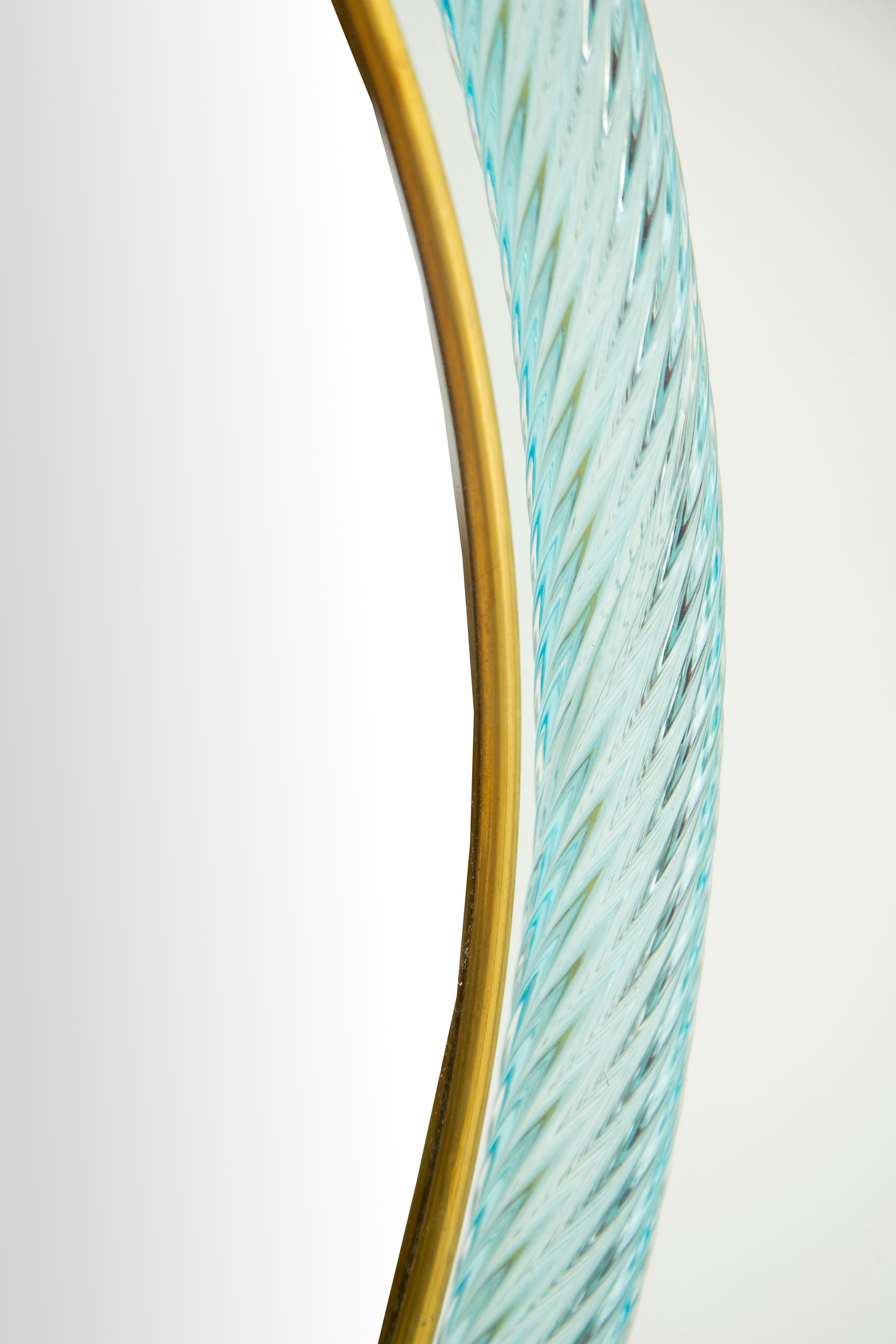 Contemporary Round Light Blue Twisted Rope Murano Glass Mirror, in Stock