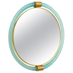 Round Light Blue Twisted Rope Murano Glass Mirror, in Stock