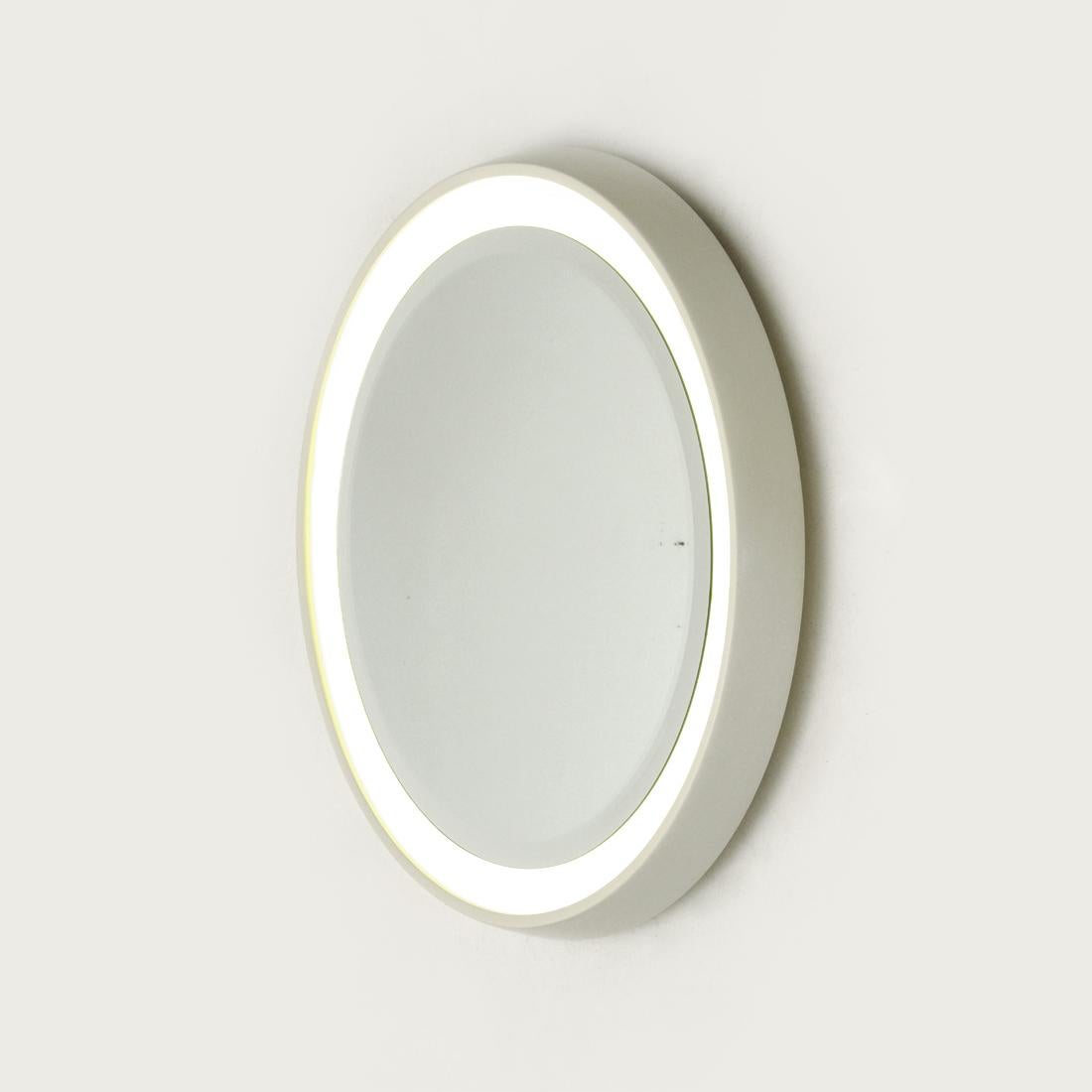 Mid-20th Century Round Lighted Mirror in White Lacquered Wood by CRB, 1960s For Sale