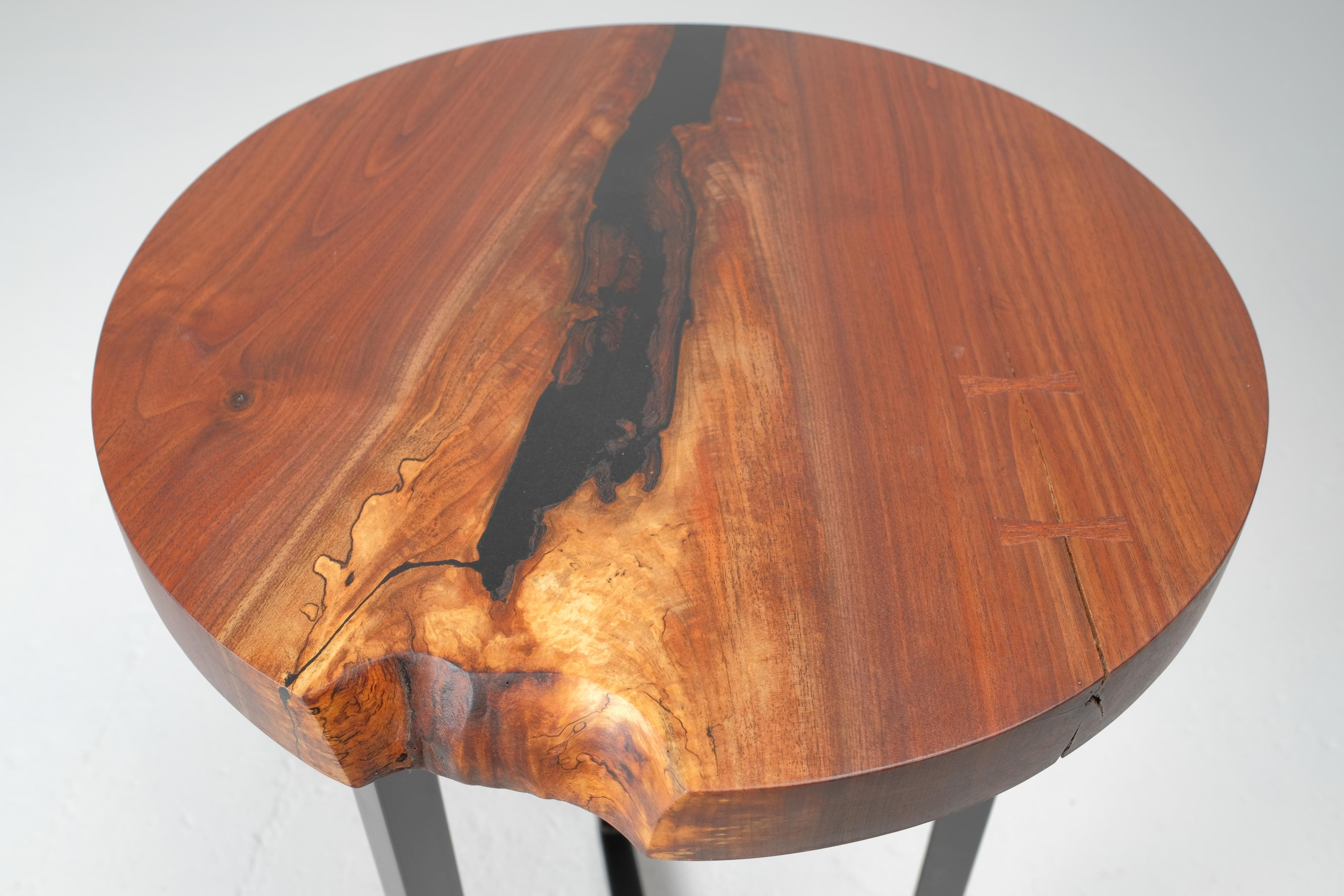 Hand-Crafted Round Live Edge Side Table in Walnut with Steel Frame For Sale
