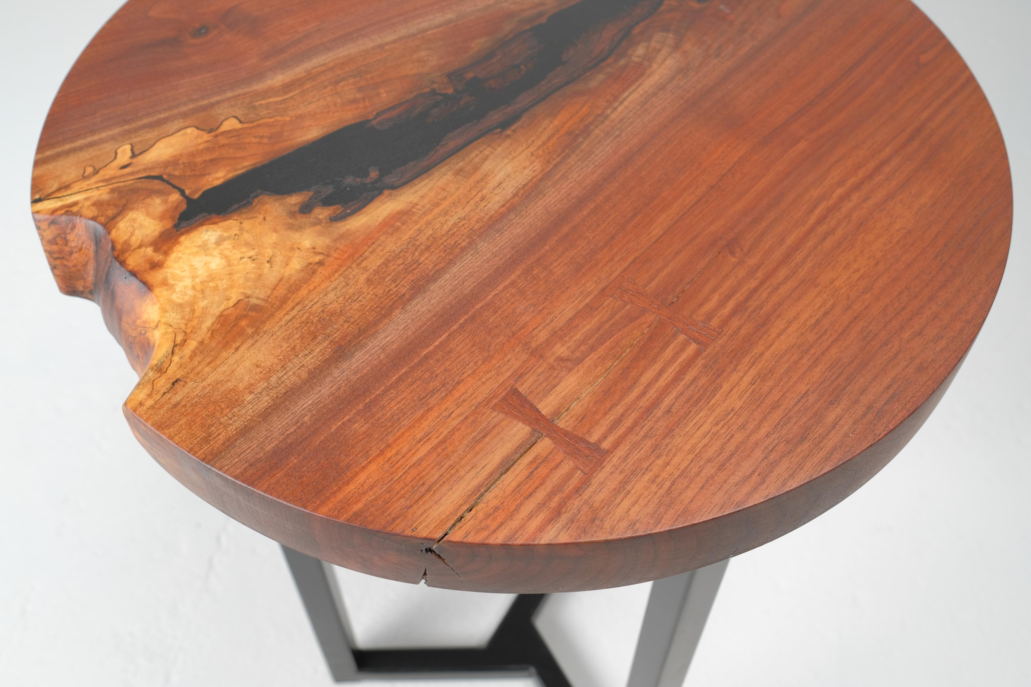 Contemporary Round Live Edge Side Table in Walnut with Steel Frame For Sale