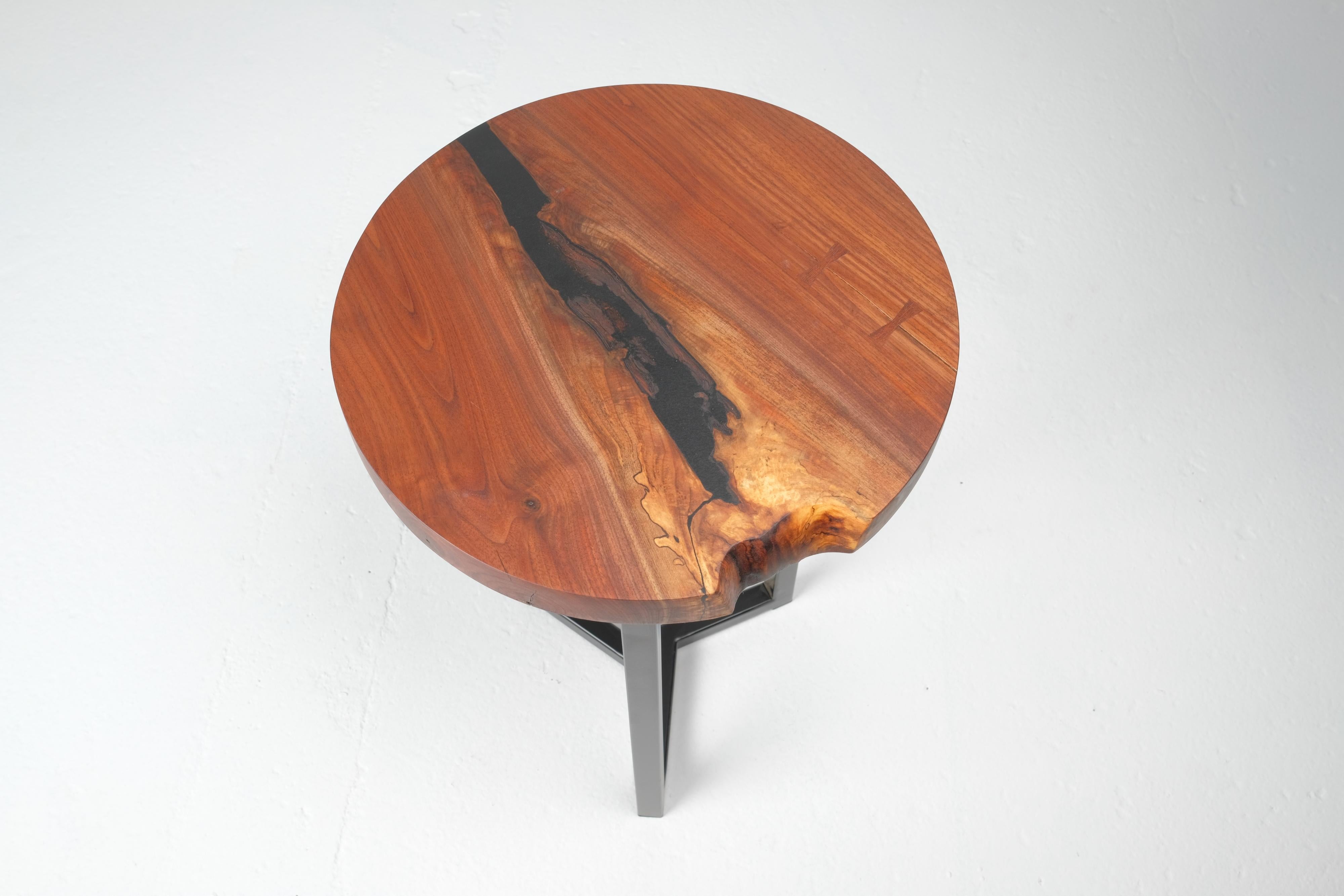 Metal Round Live Edge Side Table in Walnut with Steel Frame For Sale