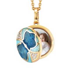 Round Locket Pendant - 18k Yellow Gold - Blue Enamel - 12 Diamonds 0.19 ct GVS
