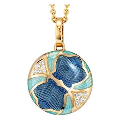 Ciondolo a forma di medaglione rotondo - Oro giallo 18k - Smalto blu - 12 diamanti 0,19 ct GVS