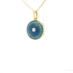 Round Locket Pendant 18k Yellow Gold Blue/Turquoise Enamel Diamond 0.03 ct 21 mm