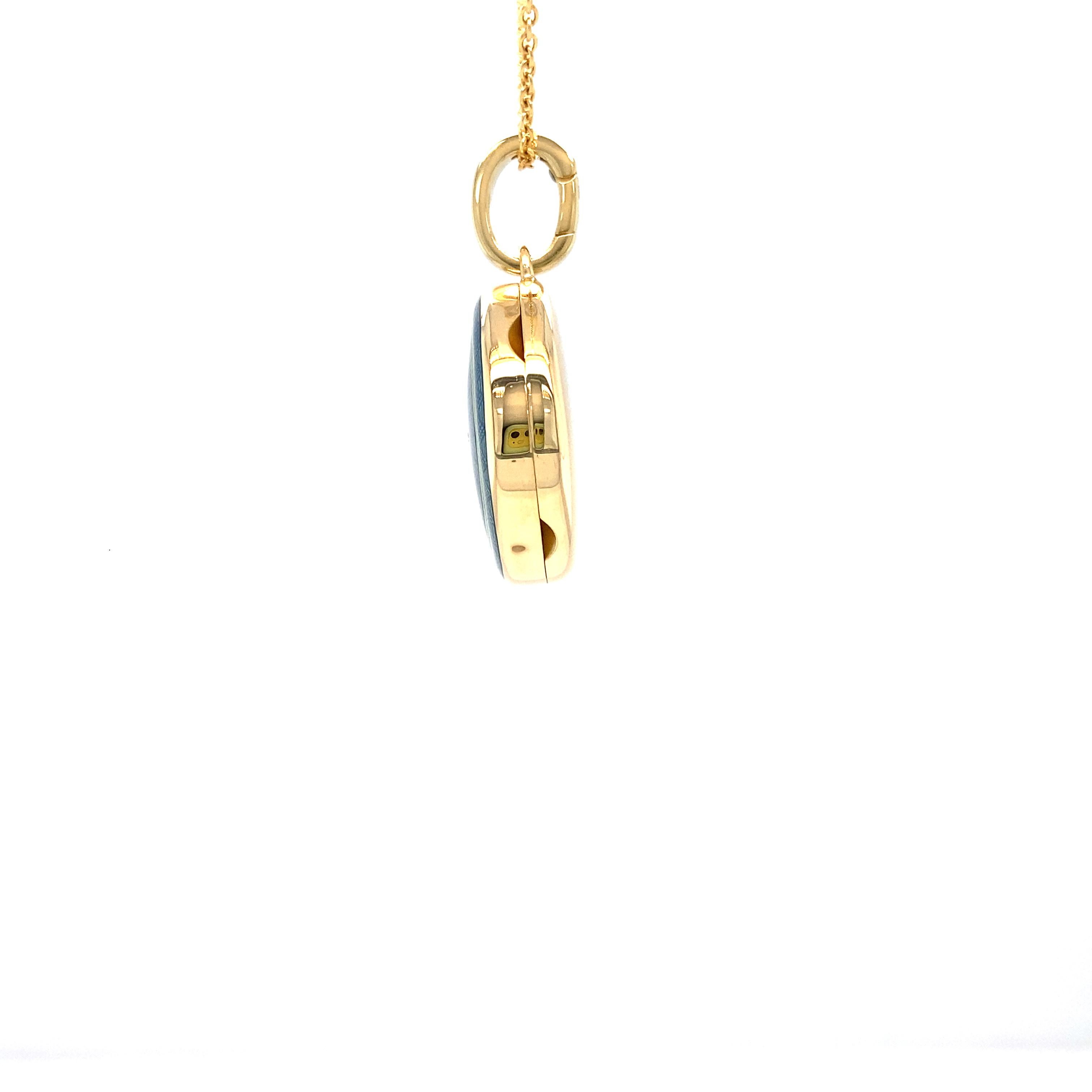 Victorian Round Locket Pendant 18k Yellow Gold Blue/Turquoise Enamel Diamond 0.03 ct 21 mm For Sale