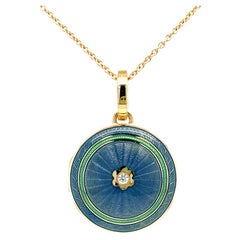 Pendentif médaillon rond en or jaune 18 carats, émail bleu/turquoise et diamants 0,03 carat, 21 mm