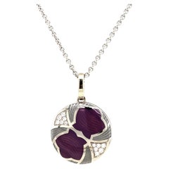 Round Locket Pendant Necklace 18k White Gold Purple Enamel 12 Diamonds 0.19 ct