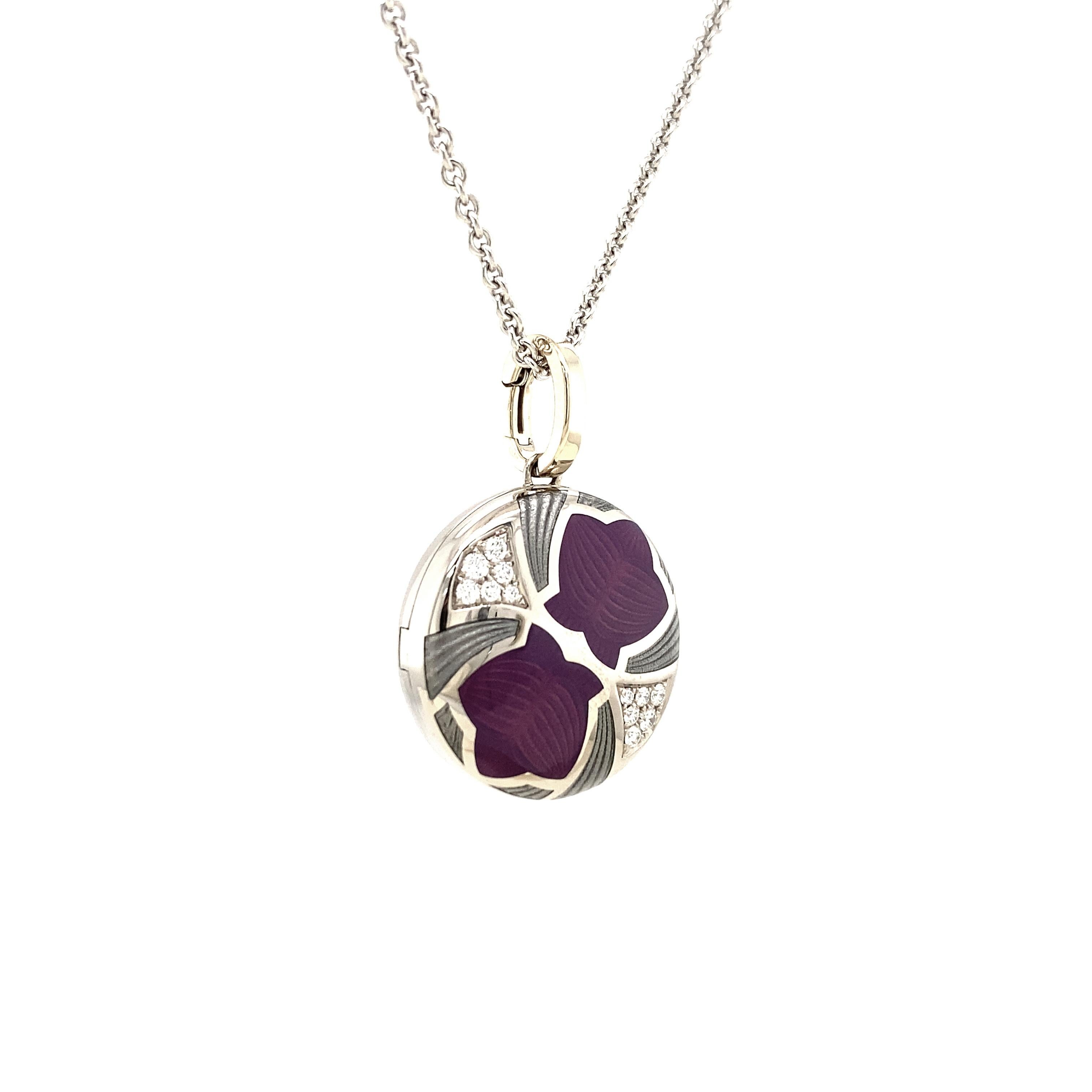 Art Deco Round Locket Pendant Necklace 18k White Gold Purple Enamel 12 Diamonds 0.19 ct For Sale
