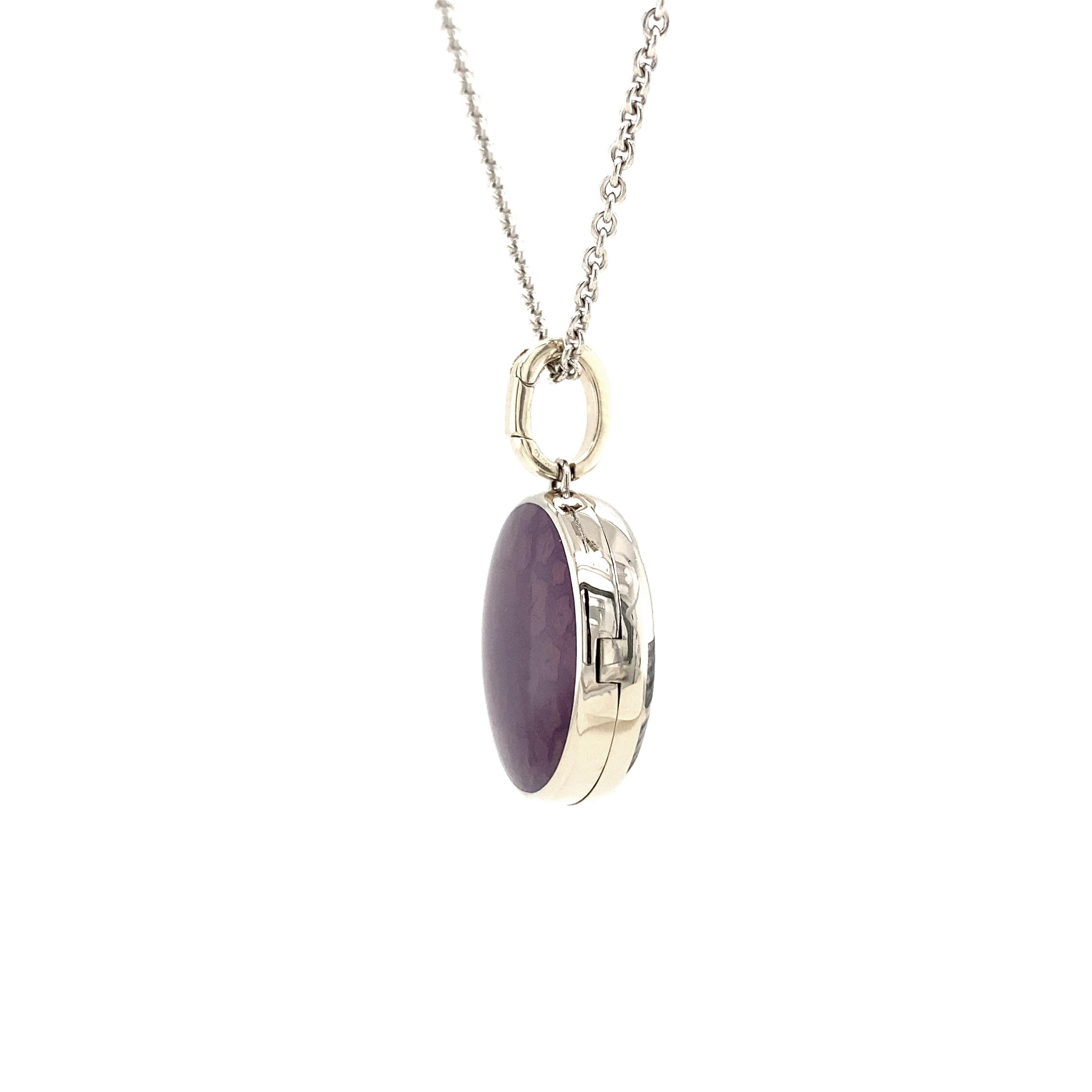 Women's Round Locket Pendant Necklace 18k White Gold Purple Enamel 12 Diamonds 0.19 ct For Sale
