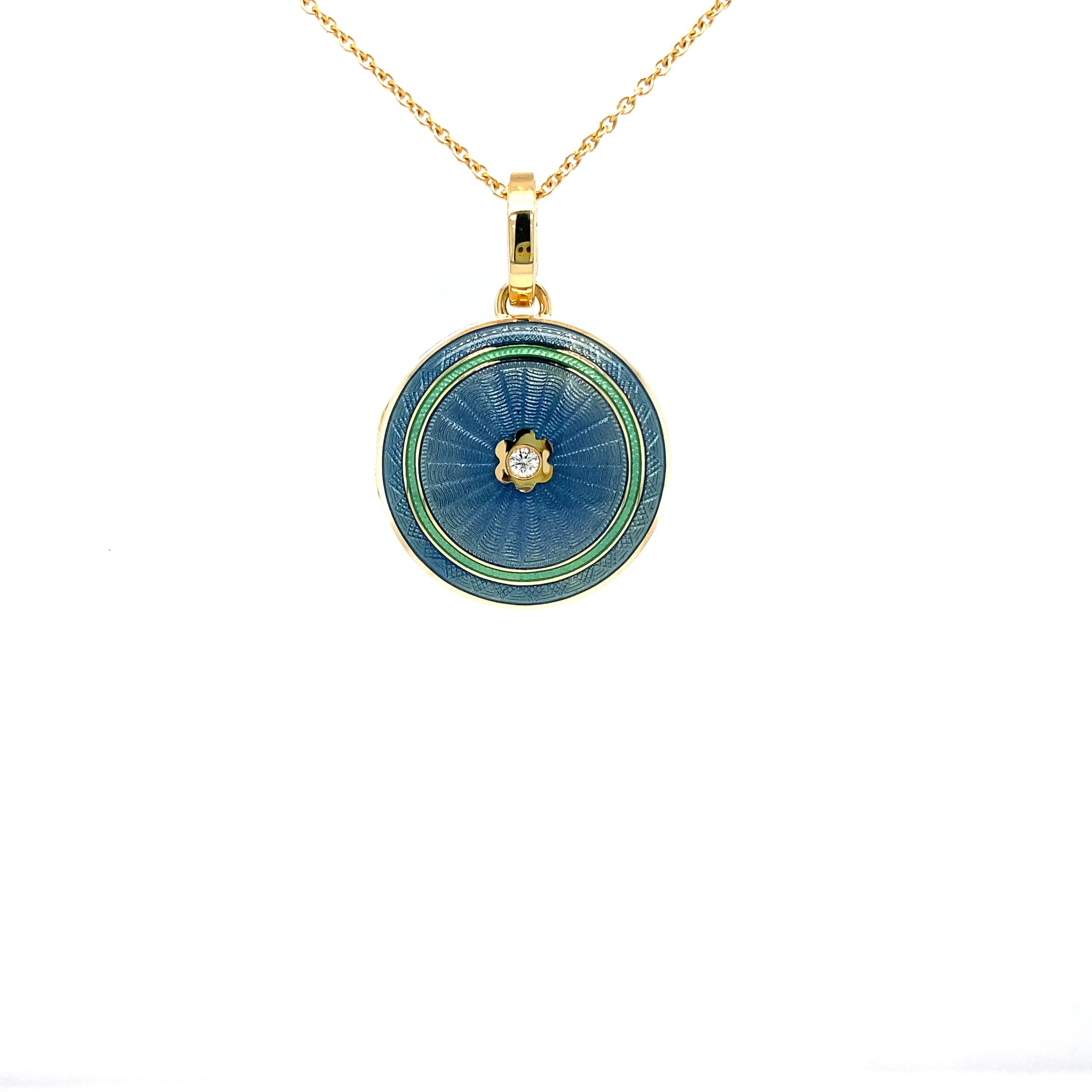 Round Locket Pendant Necklace 18k Yellow Gold Blue Enamel Diamond 0.03 ct 21.0mm For Sale 1