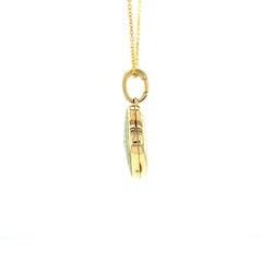 Round Locket Pendant Necklace 18k Yellow Gold Green Vitreous Enamel Dia 0.03ct