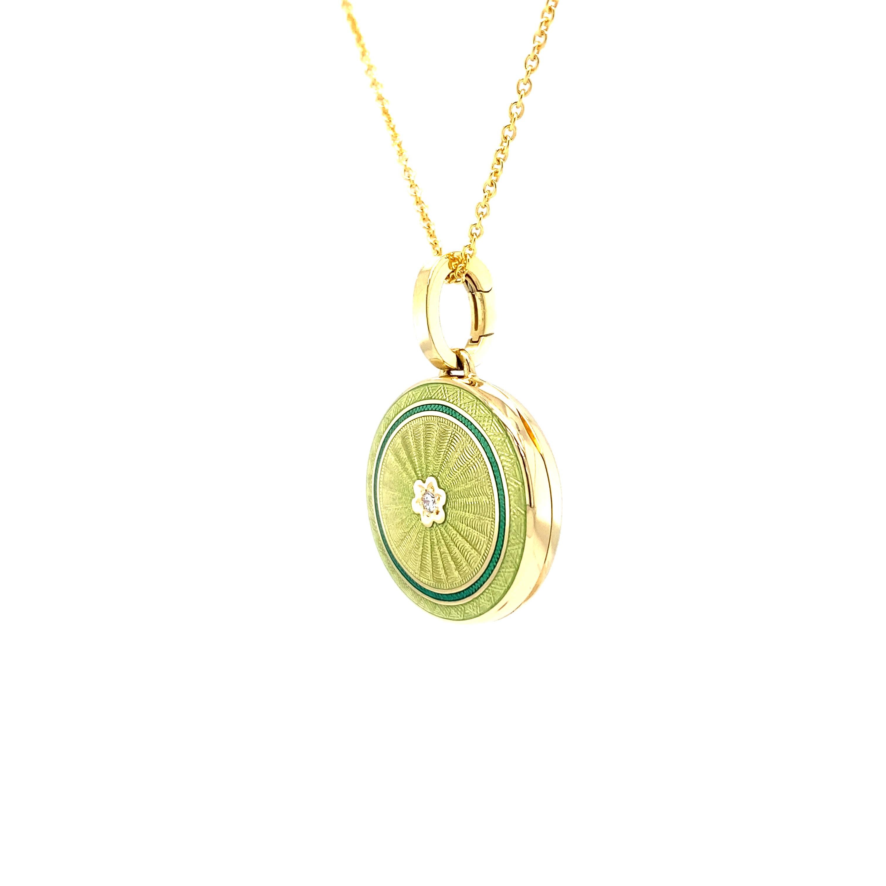 Brilliant Cut Round Locket Pendant Necklace 18k Yellow Gold Green Vitreous Enamel Dia 0.03ct For Sale