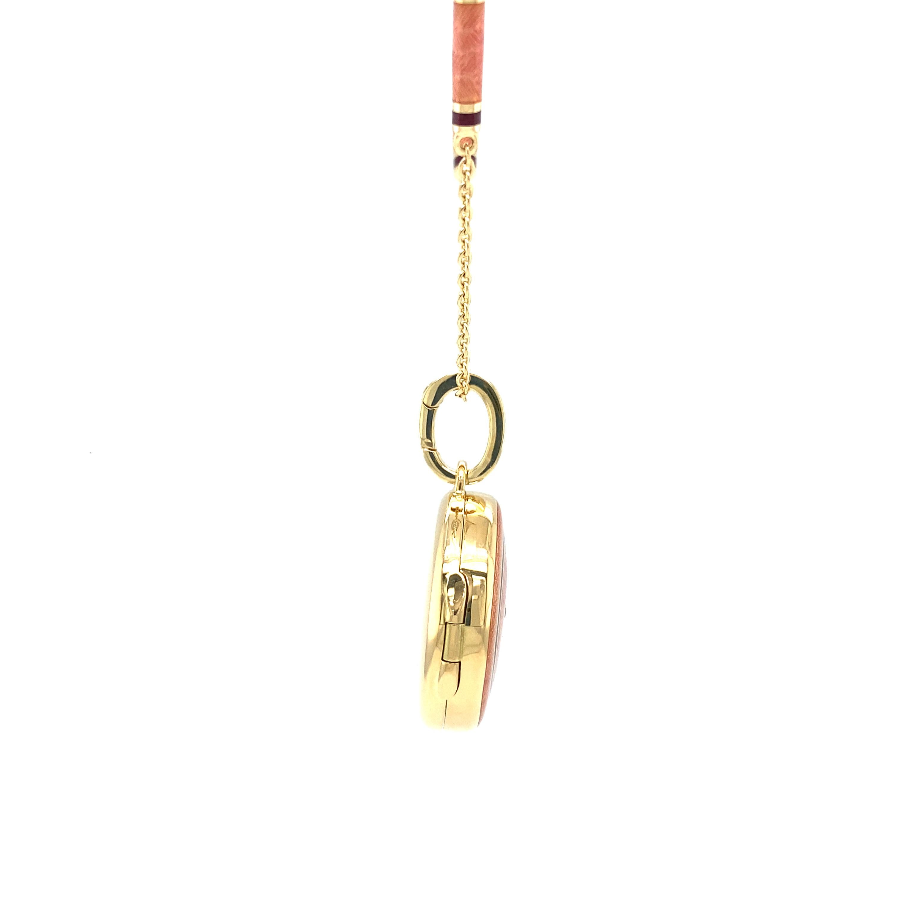 Brilliant Cut Round Locket Pendant Necklace 18k Yellow Gold Pink Vitreous Enamel 1 Diamond For Sale