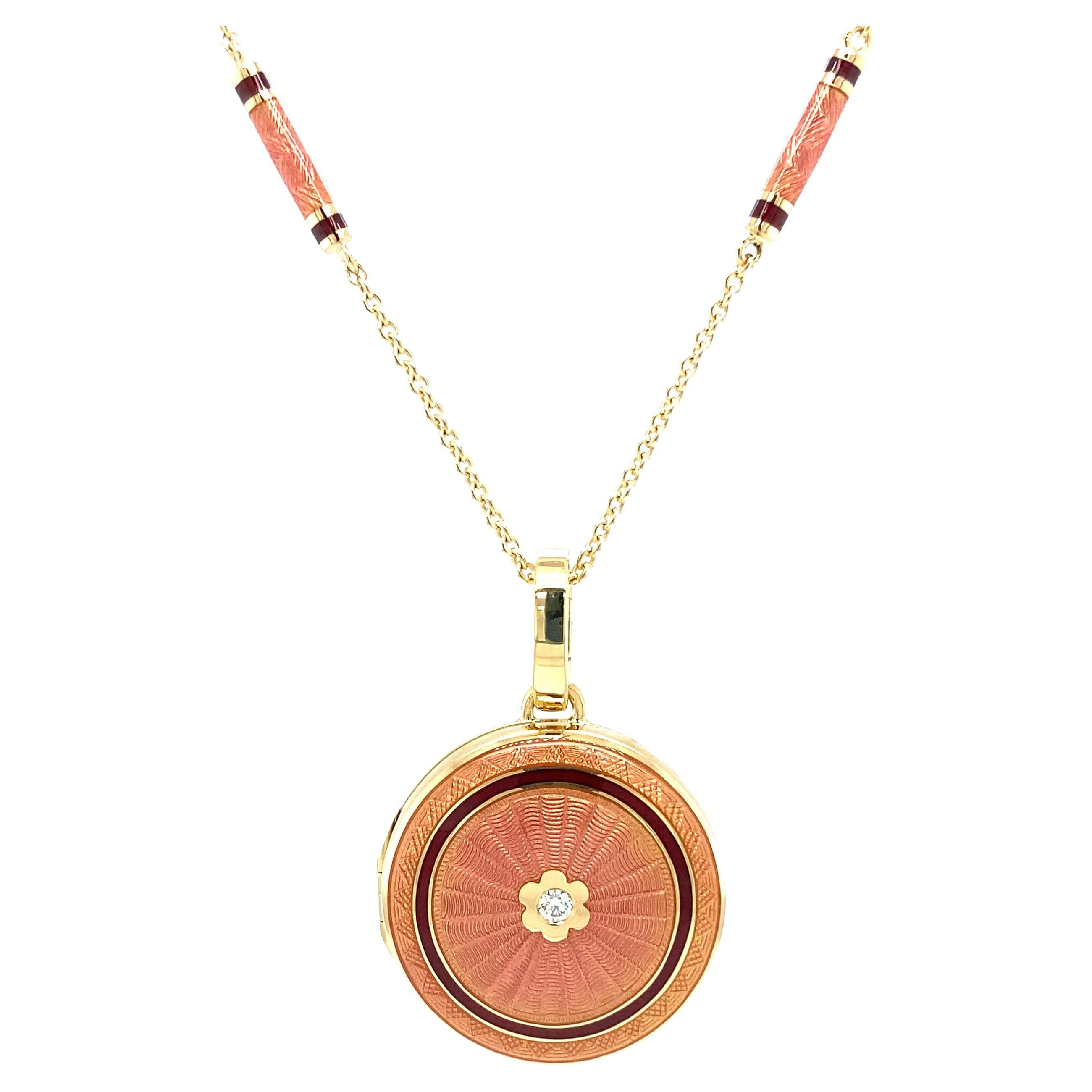 Round Locket Pendant Necklace 18k Yellow Gold Pink Vitreous Enamel 1 Diamond For Sale